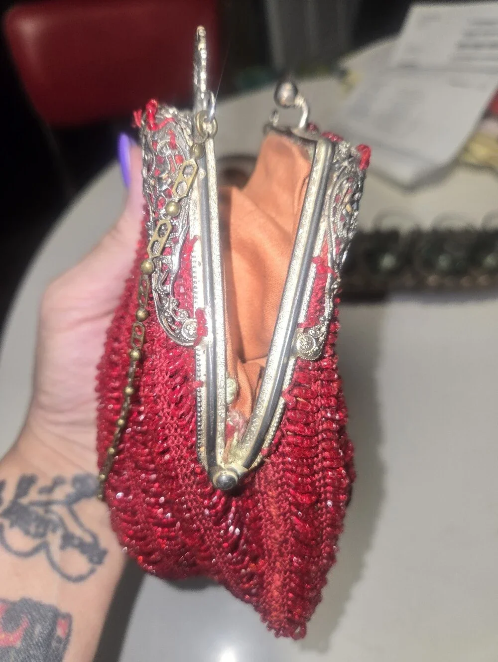 Vintage Red Beaded Purse. Excellent Condition. All Parts Work. No Rips Or Tears!